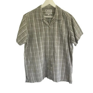 Columbia Womens Size Large Plaid Grey Blue Shirt 100% Cotton Short Sleeve